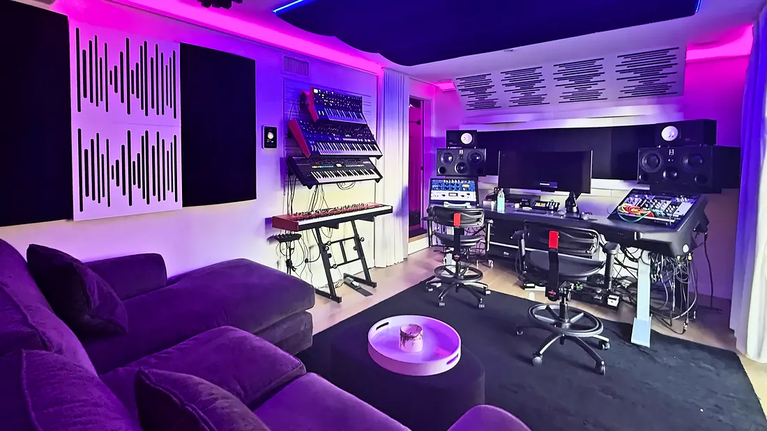 Control room with synth wall, outboard and lounge